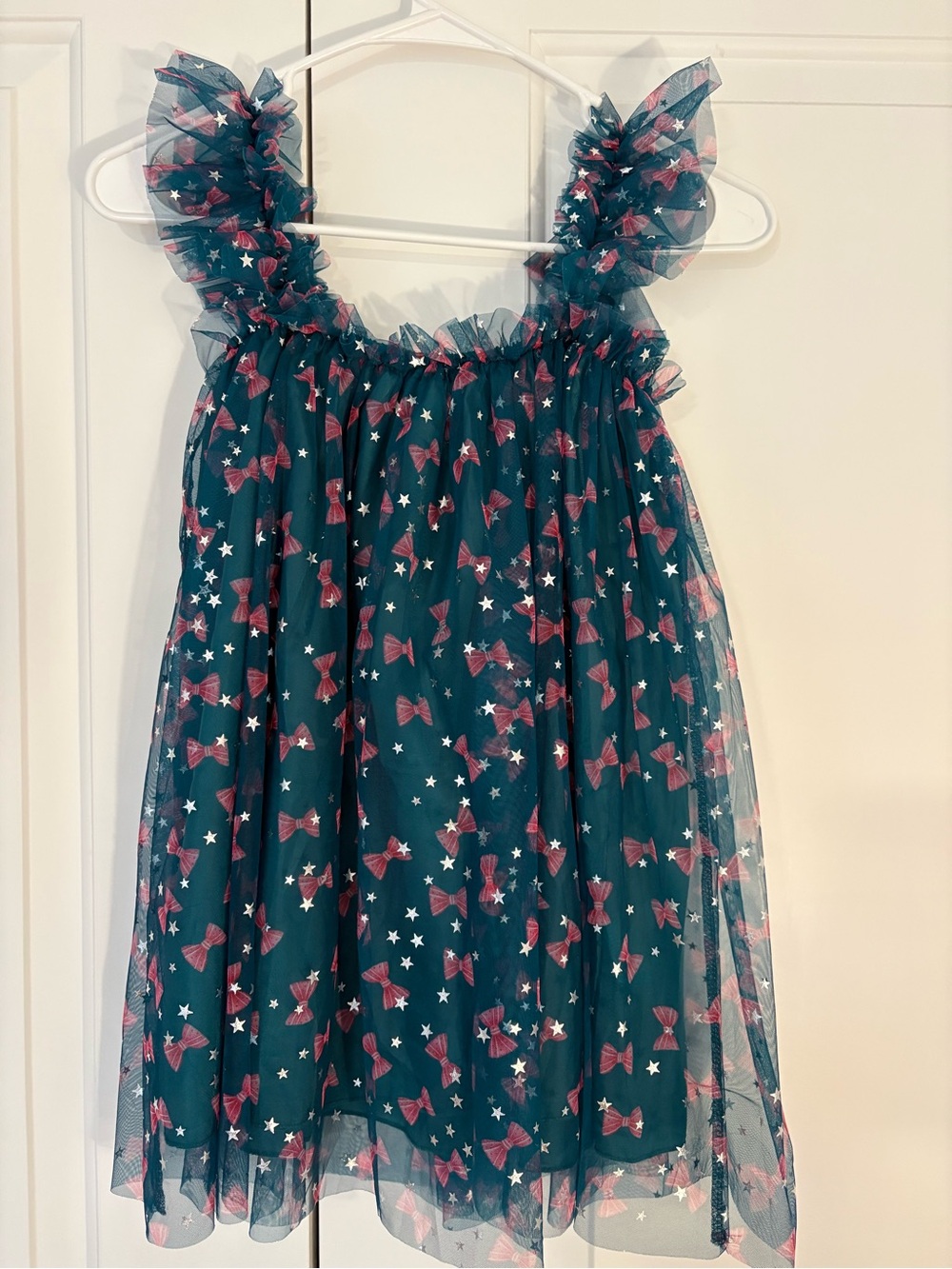 Green/Blue Girls Tull Dress with Pink Bows and Silver Stars. Christmas Party